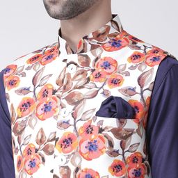 KISAH Men Navy Blue Printed Kurta with Churidar & White Printed Nehru Jacket image 5