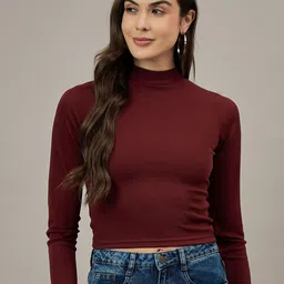 R.Code by The Roadster Life Co.Women Vertical Striped High Neck Fitted Top-image-64