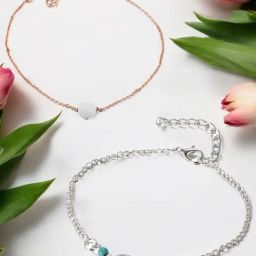 OOMPH Gold Tone Heart Shape & Silver Turquoise Bead Fashion Anklet Pack of 2-97