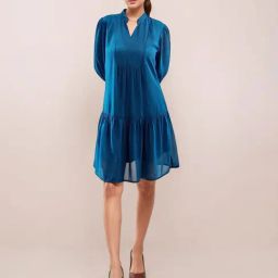 Zink London Blue Polyester Solid Flared Dress-image-37