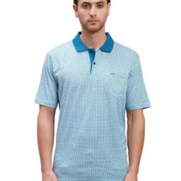 ColorPlus Blue Cotton Classic Fit Printed Polo T-Shirt-image-22