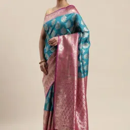 Vastranand Blue & Pink Woven Saree With Unstitched Blouse-picture-11