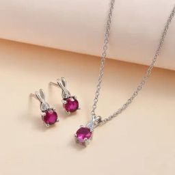 925 Silver Red Ruby and American Diamond 18-inch Chain Necklace and Earrings Set for Women-14