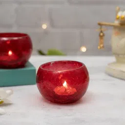 Homesake Crackle Mosaic Embellished Red Glass Tea Light Candle Holder - Set of 2-3