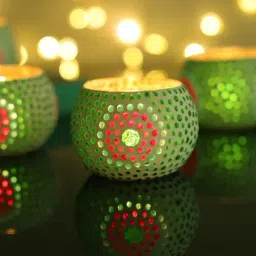 Homesake Round Mosaic Embellished Green Glass Tea Light Candle Holder - Set of 4-46
