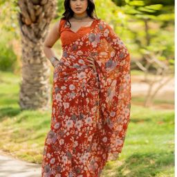 Mirchi Fashion Rust Chiffon Floral Saree With Unstitched Blouse-picture-22