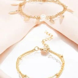 OOMPH Gold Tone Multi Layer Sea Shell & Leaf Pearls Fashion Anklet Pack of 2-81
