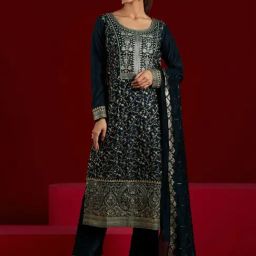Libas Art Navy Embroidered Kurta Pant Set With Dupatta-image-23