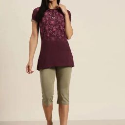 Sweet Dreams Purple & Grey Cotton Floral Print T-Shirt Capris Set-image-23