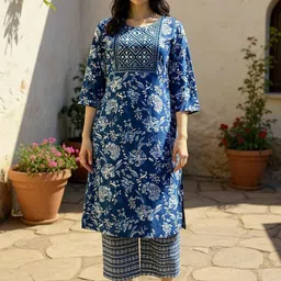 Rangita Women Floral Printed Regular Mirror Work Pure Cotton Kurta with Trousers-image-73