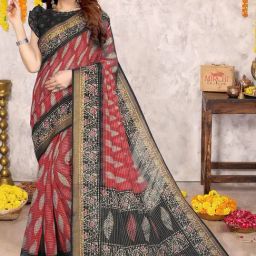 Mirchi Fashion Red Cotton Embellished Saree With Unstitched Blouse-image-61