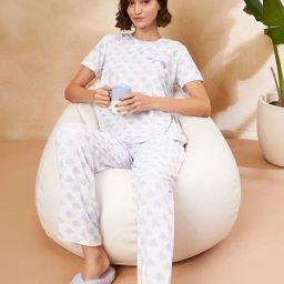 MADAME M Secret Purple & White Printed T-Shirt With Pyjamas-image-77