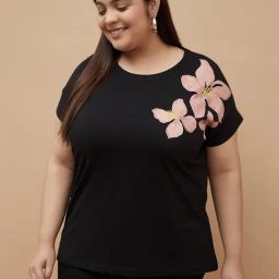 Nexus Black Cotton Regular Fit Printed Plus Size T-Shirt-28
