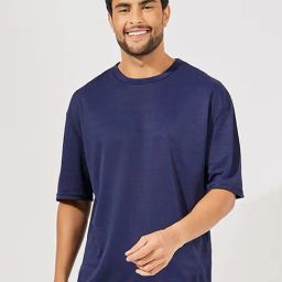 Styli Navy Relaxed Fit Check Oversized Crew T-Shirt-image-87