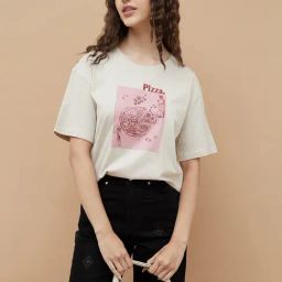 Fame Forever Beige Cotton Regular Fit Printed T-Shirt-20