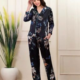 Clovia Blue Floral Print Shirt & Pyjama Set-image-56