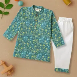 Desi Soota Kids Teal Cotton Printed Kurta Pants Set-picture-14