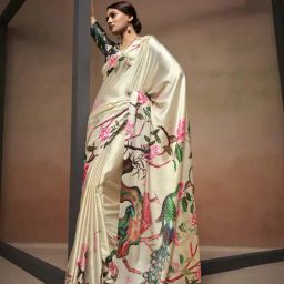 Elora Beige Floral Print Saree With Unstitched Blouse-image-81