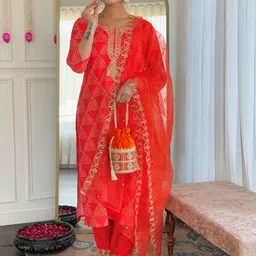 Brand Hill Women Bandhani Embroidered Thread Work Kurta with Trousers & With Dupatta-picture-40