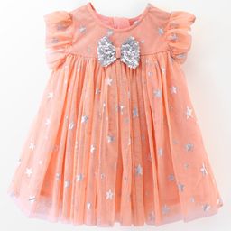 Babyhug Woven Frill Sleeves Party Frock with Sequin & Bow Corsage - Coral-image-50