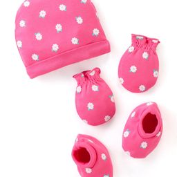 Babyhug 100% Cotton Cap Mittens And Booties Floral Print -  Pink-image-76