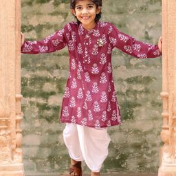 Babyhug 100% Cambric Full Sleeve Printed Kurta With Solid Dhoti Set - Magenta-image-45