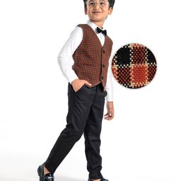 Mark & Mia Full Sleeves Party Suits With Yarn Dyed Checks Waist Coat & Bow Detailing - Brown & Black-image-89