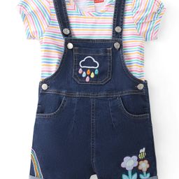 Babyhug 100% Cotton Woven Dungaree and Half Sleeves Striped T-Shirt Set with Floral & Bees Patch - Blue-image-2