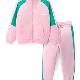 Primo Gino Cotton Knit Raglan Sleeves Solid Color Block Front Zipper Sweatshirt & Joggers Co-Ord Set - Pink & Green-image-17