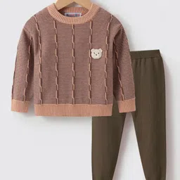 Kookie Kids Full Sleeves Pullover Sweater Set With Cable Knit Design & Bear Patch Detailing - Brown-picture-36