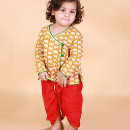 KID1 Cotton Full Sleeves Elephants Printed & Lace Embellished Angrakha Kurta Dhoti - Yellow & Red-image-81