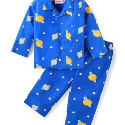 Babyhug Cotton Woven Full Sleeves Night Suit Space Theme Print - Blue-image-44