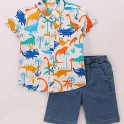 Babyhug Cotton Woven Half Sleeves Dino Printed Shirt & Solid Denim Shorts Set - White & Blue-picture-32