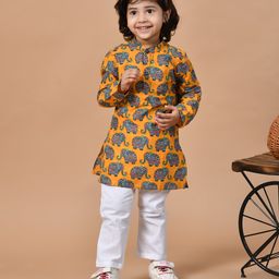 MoMaa Pure Cotton Full Sleeves Elephants Printed Kurta & Pyjama Set - Mustard Yellow & White-image-89