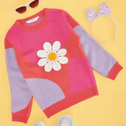 Pantaloons Junior Full Sleeves Floral Self Designed Colour Blocked Sweater - Pink-picture-19