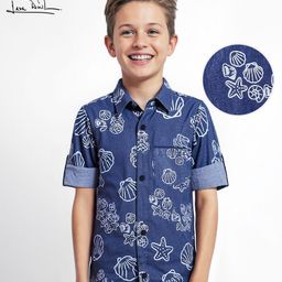 Arias Cotton Woven Full Sleeves Washed Denim Shirt with Beach Theme Print - Blue-image-85