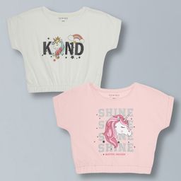 Plum Tree Pure Cotton Pack Of 2 Half Sleeves Unicorn Glitter Printed Crop Tops - Off White & Pink-image-34
