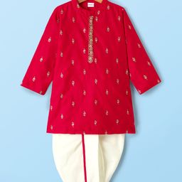 Babyhug Woven Full Sleeves Kurta Dhoti Set With Floral Embroidery - Red-image-112