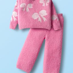 Babyhug Knit Full Sleeves Sweater Set with Bow Design - Pink-picture-47