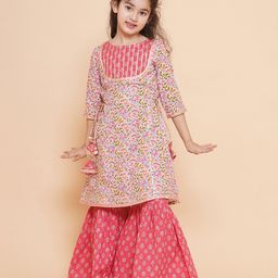 Bitiya By Bhama Cotton Woven Three Fourth Sleeves Placement Print Straight Cut Kurta with Sharara Set - Pink-image-1