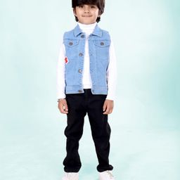 Kiddopanti Cotton Knit Full Sleeves Solid Tee & Jeans With Numerical Patch Embroidered Denim Jacket Set - Light Blue White & Black-image-33