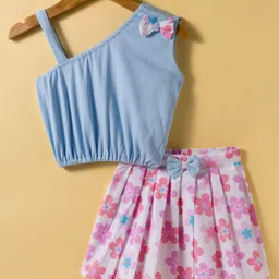 Dew Drops Interlock Knit Sleeveless Top & Skirt Set With Floral Print & Bow Applique - Blue & Off White-picture-27