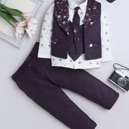 Fourfolds Cotton Blend Woven Full Sleeves Floral Foil Printed 3 Piece Party Suit Set With Tie - Wine-image-2