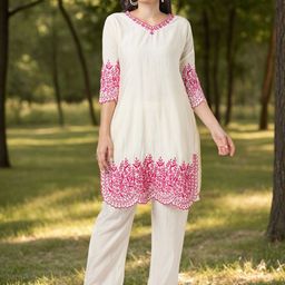 FASHOR Embroidered Chanderi Silk Tunic With Palazzo-picture-47