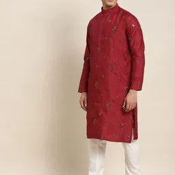 SOJANYA Men Maroon Mirror Work Kurta with Pyjamas & Nehru Jacket image 3