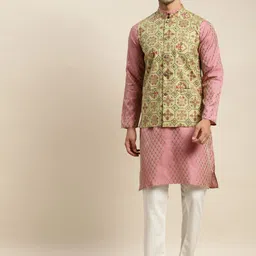 SOJANYA Men Pink Ethnic Motifs Kurta with Churidar & Nehru Jacket-picture-26