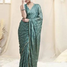 Mirchi Fashion Grey Chiffon Chevrons Saree With Unstitched Blouse-11