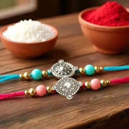 LUCKY JEWELLERY 2-Pcs Silver-Plated Charm Rakhi With Roli, Chawal & Greeting Cards.-image-37