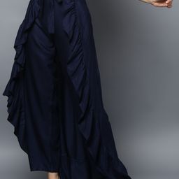 StyleStone Women Navy Blue Solid Ruffled Flared Maxi Skirt with Attached Trousers-40