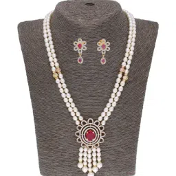 Sri Jagdamba Pearls Pink & White Pearl Gold Plated Necklace Set-17